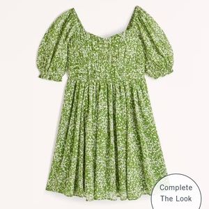 Abercrombie Ruched Ruffle Puff Sleeve Mini Dress in Olive Stripe - Large